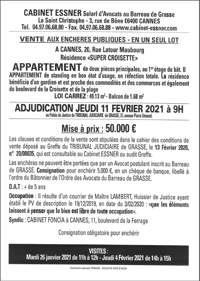Vente essner super croisette saisie immobiliere croisette